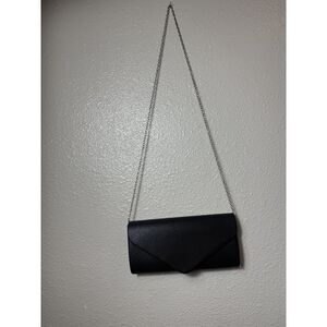 Black Satin Envelope Clutch with Silver‎ Chain